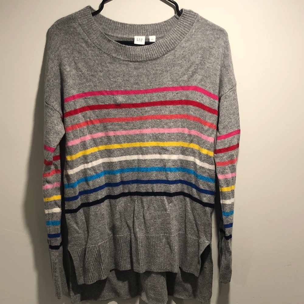 GAP Gray Crewneck Sweater with Bright Multicolor Stripes